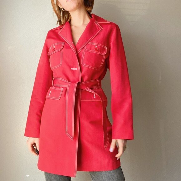 J. Crew Red Cotton White Outstitch Trim Belted Long Trench Coat Jacket - Picture 1 of 9
